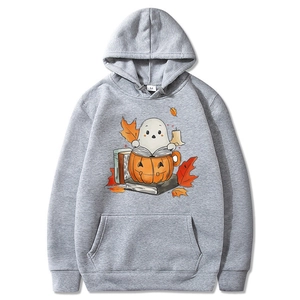 Gray Halloween hoodie featuring a cute ghost in a pumpkin illustration on white background