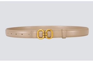 Close-up of khaki leather belt with matte gold double oval buckle and stitching