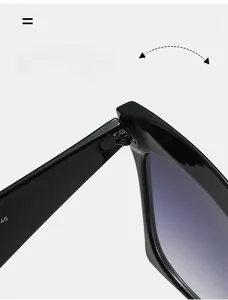 Close-up of the durable metal hinge and thick black frame of square fashion sunglasses