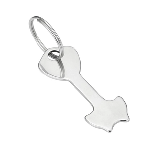 Stainless steel shopping cart token keychain in silver key shape with metal ring