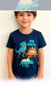 Detail of navy cotton kids t-shirt with colorful dino hunter print and round neck