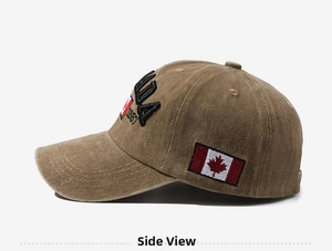 Side view of washed cotton baseball cap with vintage Canada 1867 embroidery in khaki