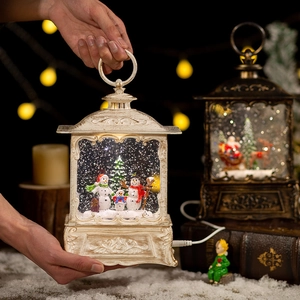 White vintage Christmas snow globe lantern with snowman family and glowing LED lights