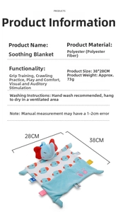 Detail view of plush baby security blanket with elephant head and size measurements
