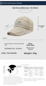 Size guide for breathable mesh baseball cap with 10cm brim and adjustable circumference