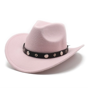 Pink wool felt western cowboy hat with black studded band and curved brim for women