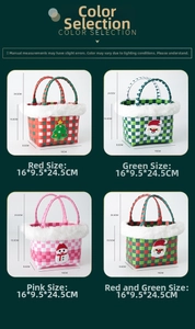 Detailed view of woven Christmas gift baskets with plush holiday characters and fur trim