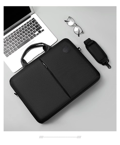 Business laptop bag in black with detachable shoulder strap and front zipper pocket