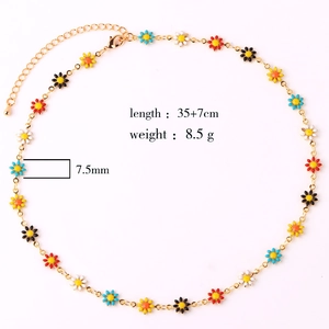 Detail of 18K gold necklace with 7.5mm colorful daisy charms and sizing specifications