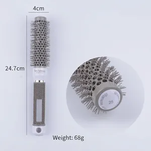 Detailed view of grey ceramic ionic round hair brush with dimensions 4cm x 24.7cm
