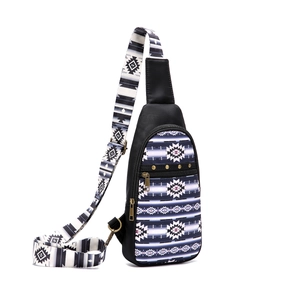 Detail of Aztec bohemian sling bag with metal zippers and geometric pattern textures