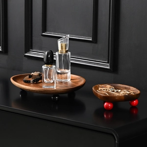 Set of two walnut wood decorative trays with colorful spherical legs for home organization