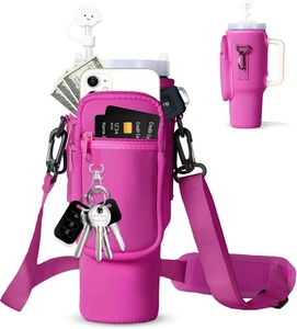 Rose red 40oz tumbler pouch with adjustable strap and storage pockets for phone and cards