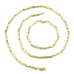 Golden Möbius stainless steel bamboo chain necklace and bracelet set in polished finish