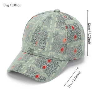 Gray-green baseball cap with red splash pattern and textured finish, size 12cm by 7cm
