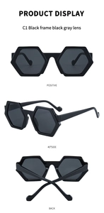 Multiple views of black polygonal sunglasses with dark grey lenses and retro design