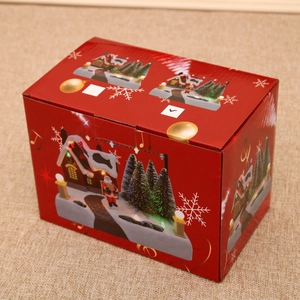 Detailed Christmas music box gift packaging with festive Santa and snow house illustrations