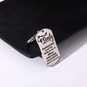 Detailed view of stainless steel keychain with engraved family quote and tree pattern