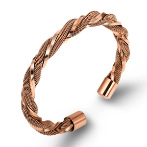 Rose gold twisted steel cable open bangle with woven mesh texture for men and women