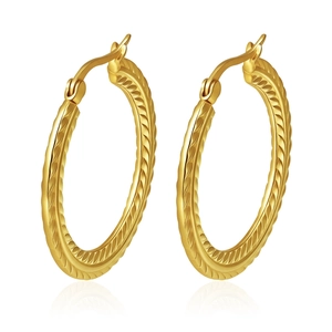 Golden stainless steel round hoop earrings with embossed leaf texture and 18K finish