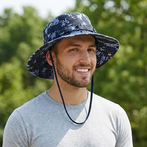 Men's blue digital camo sun hat with wide brim and adjustable wind rope for hiking