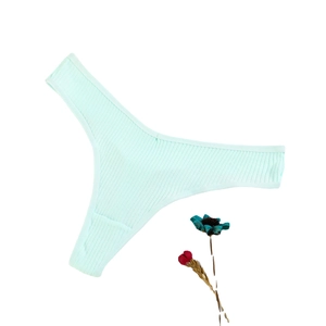 Light blue ribbed cotton thong for women, seamless breathable minimalist design style