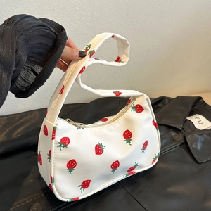 Nylon Underarm Bag Sweet Strawberry Cherry Pattern Shoulder Handbag Zipper Closure Fresh Style For Women