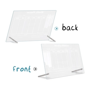 Front and back view of a clear acrylic weekly planner board with metal stands