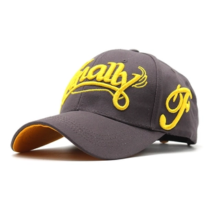 Dark grey baseball cap with yellow 'Finally' embroidery and contrasting yellow brim