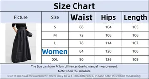 Detailed size chart for high waist A-line maxi skirt from S to XXL with measurements