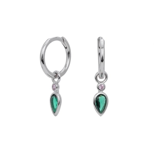 Detailed view of silver hoop earrings with emerald green teardrop gems and pink accents