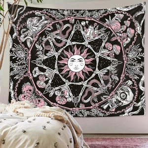 Gothic mushroom tapestry with sun and skull patterns in black and pink for room decoration