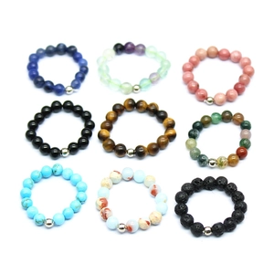Elastic 4mm natural stone beaded rings set with silver metal spacer beads