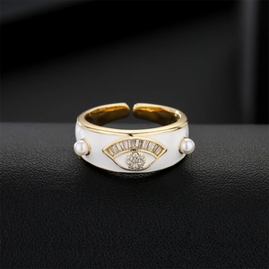 Evil Eye open ring in 18K gold plated copper with white enamel and AAA zircon accents