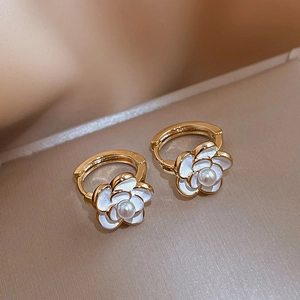 Camellia Flower Hoop Earrings Enamel Copper With 925 Sterling Silver Earring Post Artificial Pearl French Sweet Style Women