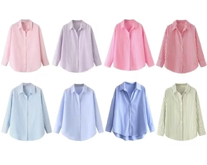 Detail view of colorful striped poplin long sleeve shirts in various vibrant shades
