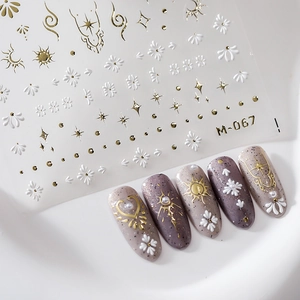 3D bronzing nail art stickers with M-067 gold sun moon stars and white embossed flower