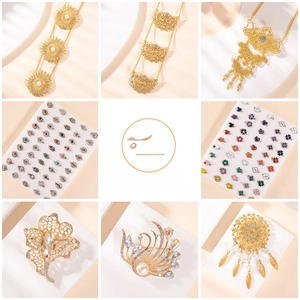 Macro detail of classic alloy brooches with pearls and floral enamel jewelry designs