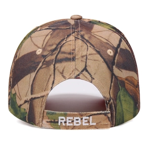 Rear view of camouflage tactical cap featuring white REBEL embroidery and adjustable strap