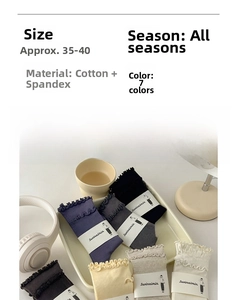 Detail showing seven pairs of ruffle trim cotton socks in a variety of soft pastel colors
