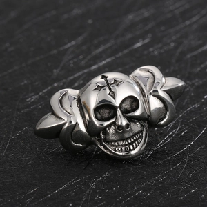 Gothic punk stainless steel skull ring with embossed cross and ornate side patterns