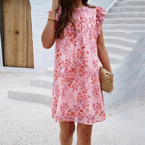 Robe Femme Sans Manches Imprimé Fleuri Col Montant À Volants Ligne A Fluide Été Polyester Robe Midi
