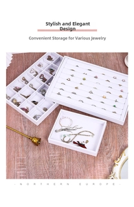 Three-piece white jewelry display tray set with grid, ring slots and open organizer
