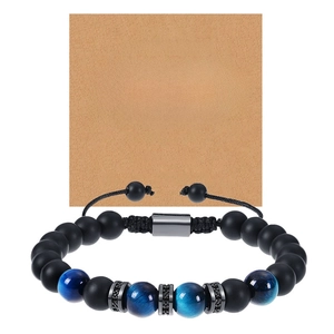 Bracelet en perles noires mates et œil de tigre bleu avec carte cadeau pour fils bonus