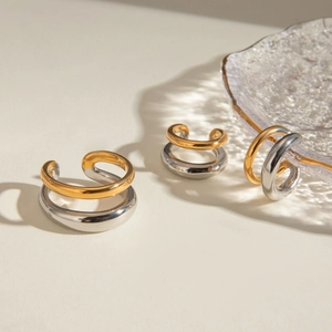 Two-tone 18k gold and silver stainless steel layered ear cuffs with mirror polish