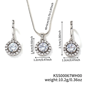 Detailed view of silver jewelry set with dimensions for necklace and halo earrings