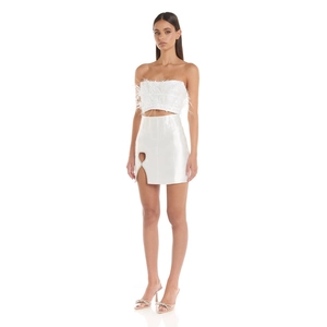 Chic two-piece set featuring a white feather tube top and a satin slit skirt for women