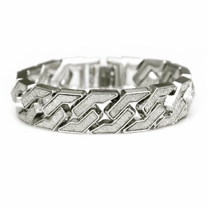 Silver cuban link bracelet for men with glittery frosted finish and geometric design