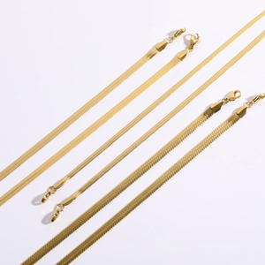 Flat gold stainless steel snake bone chains in various widths with lobster clasps