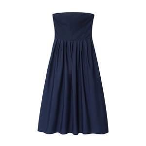 Robe Midi Bustier Bleu Marine Jupe Plissée Polyester Sans Manches Élégante Soirée Cocktail Pour Femme
